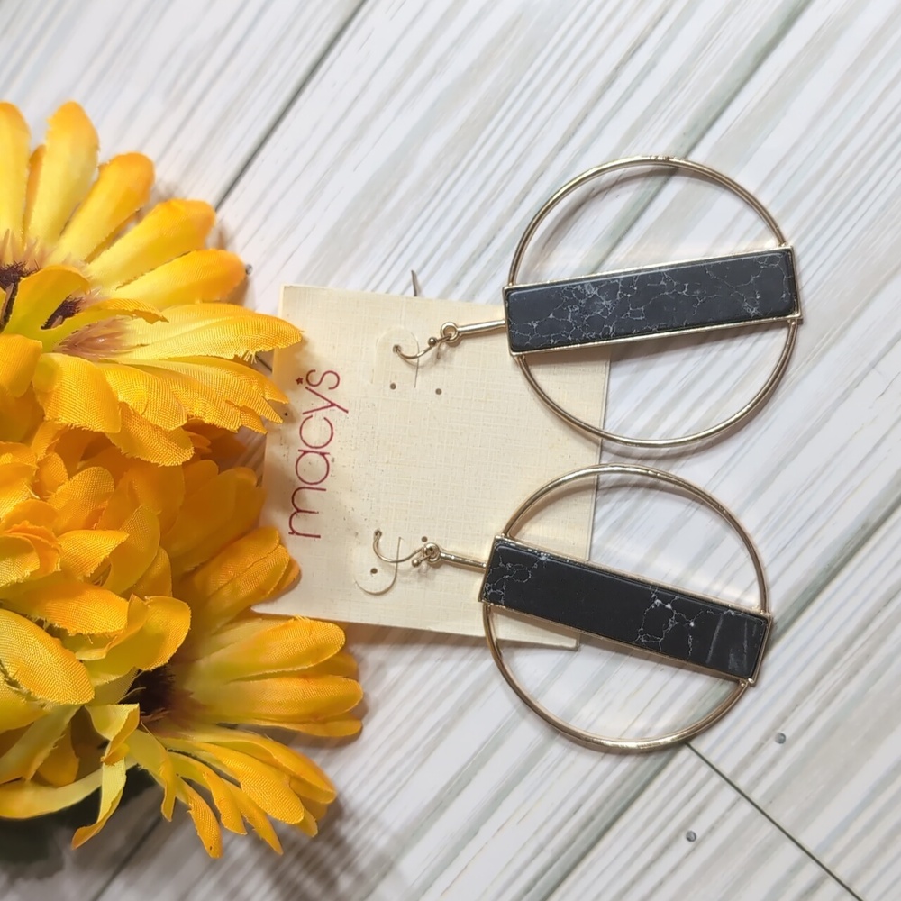 MACY'S Goldtone & Black Marble Large Hoop Earrings NWT $20.50